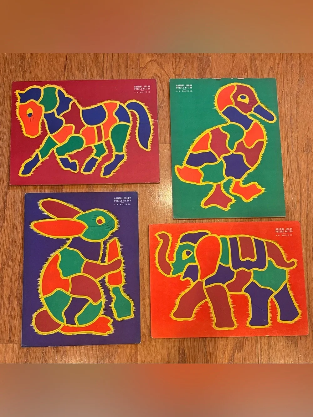 A.M Walzer Animal Inlay Vintage Puzzle Set Of 4 Horse Duck Rabbit Elephant 1940s